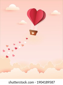 Abstract background in paper style. Red hearts, balloons on a pink background