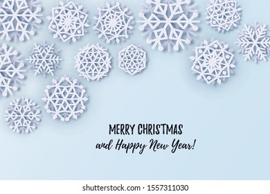 Abstract Background with Papercut Snowflakes. Layered falling snow flake winter design elements with 3D effect. Vector Merry Christmas, New Year seasonal header, business greeting card, invitation add