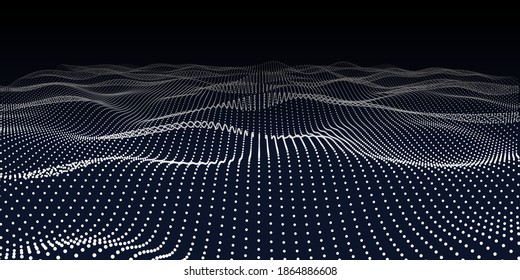 Abstract Background From Particle Flow In Wave Lines On Dark. Futuristic Waveform Element. Vector Illustration.