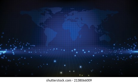 abstrakter Hintergrund des Datenflusses von Partikelglühen mit Weltkarte