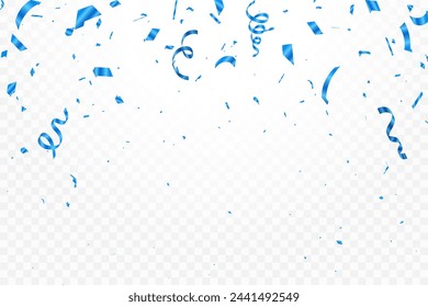 Abstract background party celebration blue confetti. Falling shiny blue confetti isolated on transparent background.