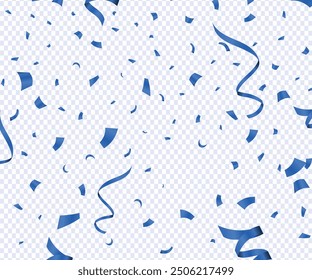 Abstract background party celebration blue confetti. Falling shiny blue confetti isolated on transparent background, Blue confetti border frame repeat pattern. Great for a birthday party or an event.