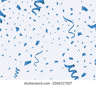 Abstract background party celebration blue confetti. Falling shiny blue confetti isolated on transparent background, Blue confetti border frame repeat pattern. Great for a birthday party or an event.