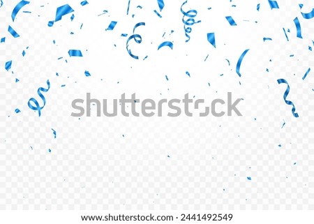 Abstract background party celebration blue confetti. Falling shiny blue confetti isolated on transparent background.