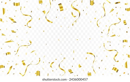 Abstract background party celebration gold confetti. Falling shiny golden confetti isolated on transparent background. Christmas, New Year, Carnival festivity, Valentine’s Day, Birthday, Holiday.