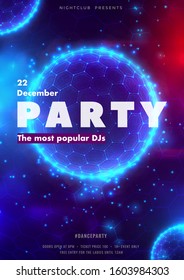 Abstract background for party poster with 3d geometric shapes. Bright neon glowing template for poster, card, promo, banner. Futuristic modern trendy abstraction in pink and blue colors with flares