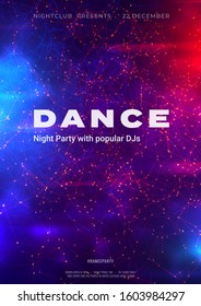 Abstract background for party poster with plexus particles. Bright neon glowing template for poster, card, promo, banner. Futuristic modern trendy abstraction in pink and blue colors with flares