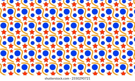 Abstract background Pattern: Blue circles, red stars and orange curved lines