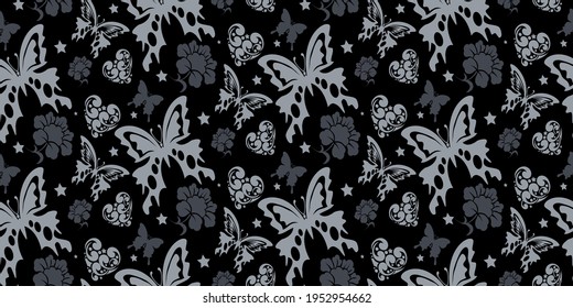 Abstract background pattern with butterflies and hearts on a black background, wallpaper. Seamless pattern, texture for your design. Vector illustration 