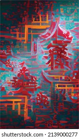 Abstract background pattern in Chinese style with imitation of Chinese characters and traditional writing and painting. Red and yellow patterns on a dark background. Design for postcard, book, poster.