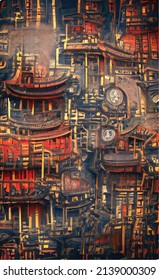 Abstract background pattern in Chinese style with imitation of Chinese characters and traditional writing and painting. Red and yellow patterns on a dark background. Design for postcard, book, poster.