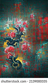 Abstract background pattern in Chinese style with imitation of Chinese characters and traditional writing and painting. Red and yellow patterns on a dark background. Design for postcard, book, poster.