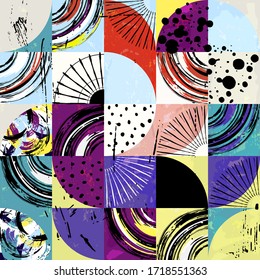 abstract background pattern, with circles, dots, squares, strokes and splashes