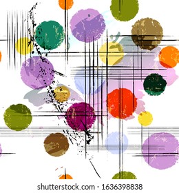 abstract background pattern, with circles, lines, strokes and splashes, art inspired, seamless