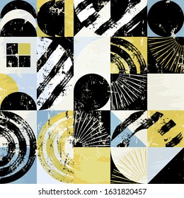 abstract background pattern, with circles, squares, strokes and splashes, seamless, grungy