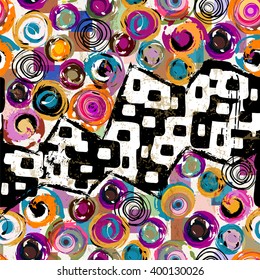 abstract background pattern, with circles, squares, strokes and splashes, seamless