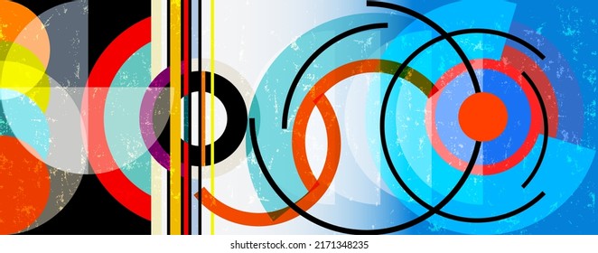 abstract background pattern, with circles, stripes, paint strokes and splashes, art in the bauhaus tradition