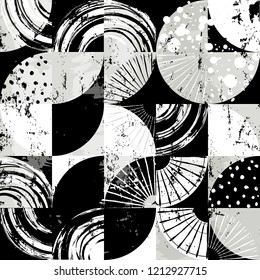 abstract background pattern, with circles/dots, squares, strokes and splashes, black and white