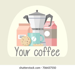 Abstract background pattern with coffee set figures milk cup packet cookies. Vector illustration for your logo with space for text.