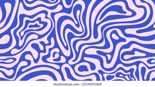 Abstract background pattern with colorful waves. Psychedelic groovy trippy y2k retro seamless pattern in blue and pink colors. Wavy and swirled brush strokes liquid background for packaging design
