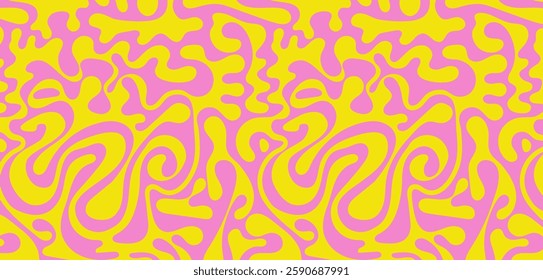 Abstract background pattern with colorful waves. Psychedelic groovy trippy y2k retro seamless pattern in yellow and pink colors. Wavy and swirled brush strokes liquid background for packaging design