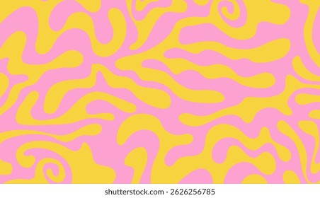 Abstract background pattern with colorful waves. Psychedelic groovy trippy y2k retro seamless pattern in yellow pink colors. Wavy and swirled brush strokes liquid background for packaging design
