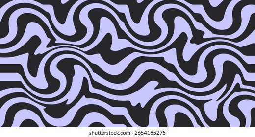 Abstract background pattern with colorful waves. Psychedelic groovy trippy y2k retro seamless pattern in black and purple colors. Wavy and swirled brush strokes liquid background for packaging design