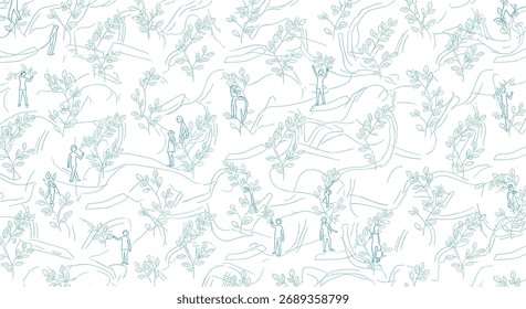 An abstract background pattern composed of delicate blue and green organic shapes resembling leaves and branches with subtle dotted lines creating a whimsical and airy feel.