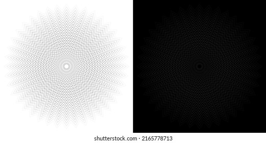 Abstract background pattern. Forty-pointed star-shaped stripes in white, gray, black alternating dark and light colors. The gradient line illusion extends from the center. Vector illustration.