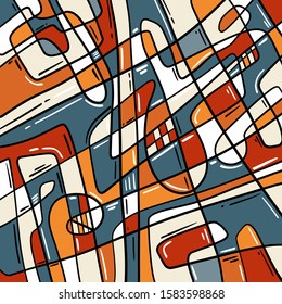 Abstract background pattern with hand drawn in beige, orange, blue colors, flowing lines with cute elements. Place for your design.