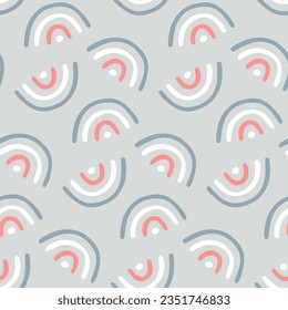 Abstract background pattern with handwritten rainbows. Hand-drawn arcs for seamless childish wallpaper texture. Cute print for kids clothing fabric, baby knitted textile. Repeat ornament for bed linen