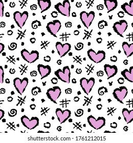 Abstract background with a pattern of hearts, a lattice and spots. Vector illustration drawn by hand.