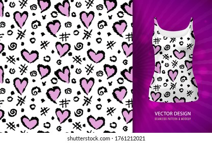 Abstract background with a pattern of hearts, a lattice and spots. Heart pattern on singlet mock up. Vector illustration drawn by hand.