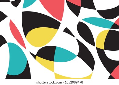 Abstract background pattern made with colorful circular geometric shapes. Modern, playful, trendy and fun vector art in red, yellow, blue and black colors.