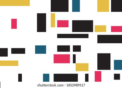 Abstract background pattern made with colorful geometric shapes (rectangles). Modern, vibrant, bold and playful vector art in red, yellow, blue and black colors.