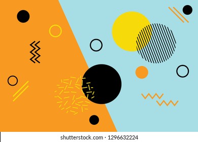 Abstract Background Pattern Made With Geometric Shapes In Memphis Style. Modern, Playful Vector Art. Yellow And Black Colors Are On Blue / Orange Background.