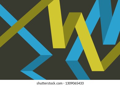 Abstract background pattern made with geometric shapes flowing in three dimensional space in blue and yellow colors. Modern, bright colored vector art.