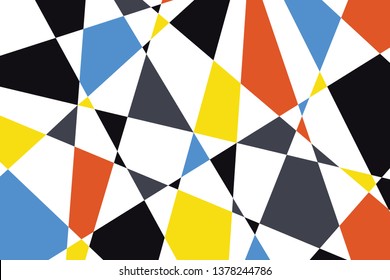 Abstract background pattern made with triangular and trapezoidal geometric shapes in blue, orange, yellow, grey and black colors. Colorful, trendy, playful and modern vector art.