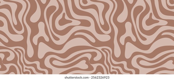 Abstract background pattern with mocha coffee waves. Psychedelic groovy trippy y2k retro seamless pattern in brow and beige colors. Wavy and swirled brush strokes liquid texture for packaging design