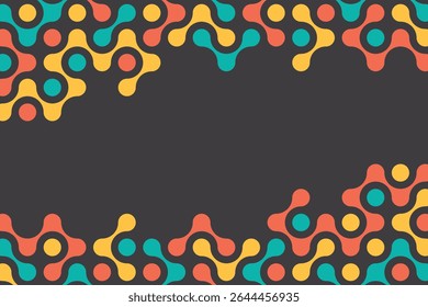 Abstract background with a pattern of multicolored connected dots, metaball. Minimalist pattern of bright circles, dots on a dark background. Vector banner with copy space.