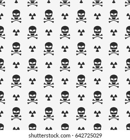 Abstract background. A pattern on a white background of black skulls. Sign of radiation. Wallpapers for your projects. Danger and threat. Vector illustration. EPS 8