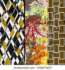 patrón de fondo abstracto, con trazos de pintura, salpicaduras, hojas y líneas geométricas