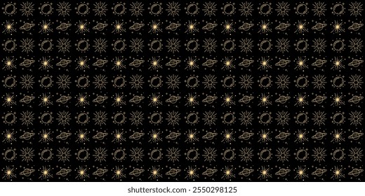 Abstract background Pattern of planets and stars on a black background