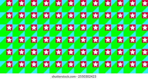 Abstract background pattern of red squares and stars with green shadows