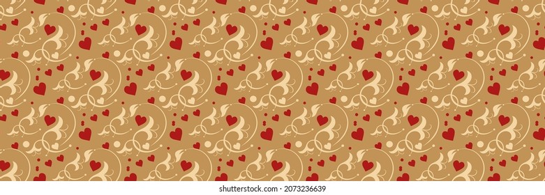 Antecedentes abstractos y patrón con adorno romántico de elementos florales y corazones sobre un fondo dorado. Papel tapiz, diseño textil. Ilustración del vector