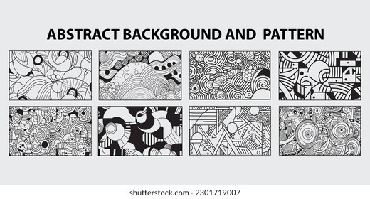 Abstract background pattern Set. Black and white coloring page background bundle design. Silhouette abstract seamless pattern collection.