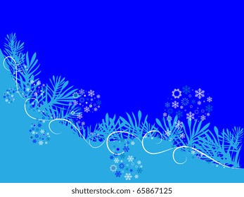 Abstract background with pattern from snowflake and branches of the fir on turn blue