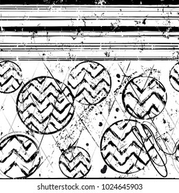 abstract background pattern, with stripes, circles, strokes and splashes,  black and white, grungy
