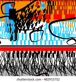 Abstract background pattern swimwear. Cute vector pattern colorful lines and abstract elements for wrap print design. Bright idea hand drawn feathers and freedom ornament.