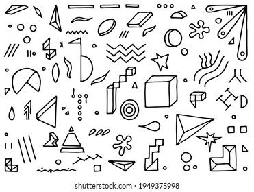 Abstract background, pattern, texture with various figures, forms, drawings, elements in doodle style. Hand Drawn.